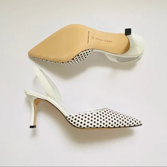 NWT: MANOLO BLAHNIK | White with Black Polkadots Carolyne Kitten-Heel Pumps - Picture 4 of 11